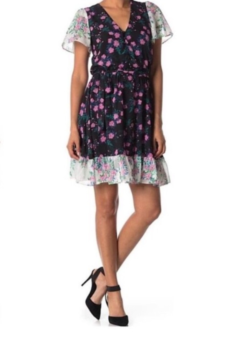 Betsey Johnson Black Dress with Pink Flowers & Green Leaves